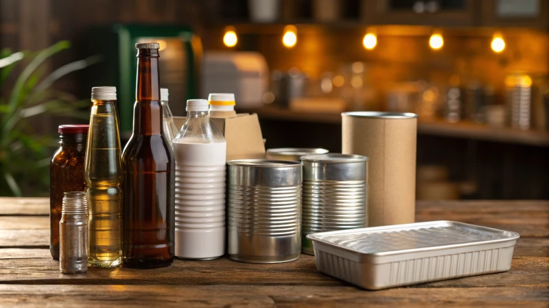 A collection of various packaging solutions on a rustic wooden table