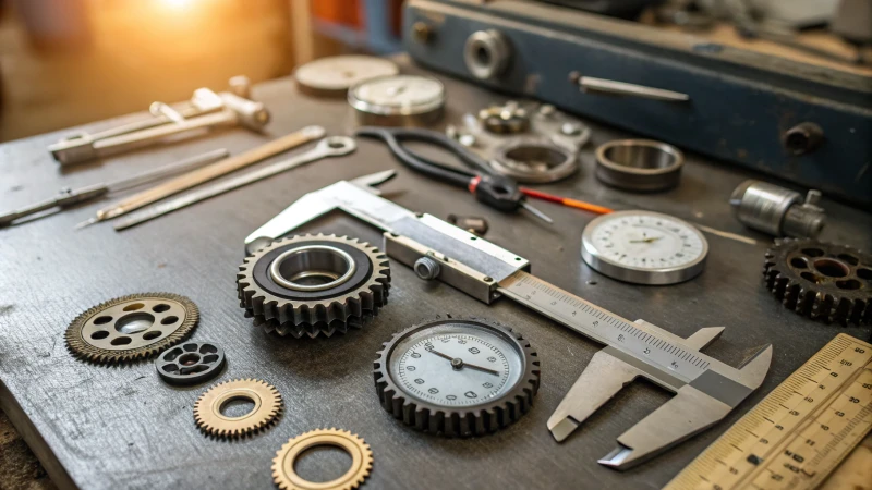 Close-up view of a workbench with precision tools and components.