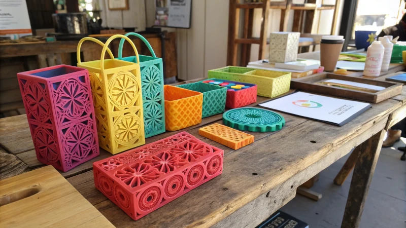 A collection of colorful 3D printed packaging designs on a rustic wooden table.