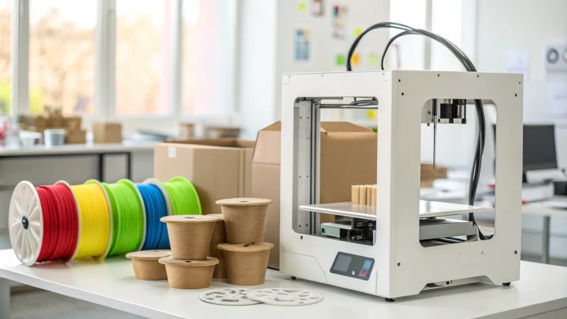 A modern 3D printer creating biodegradable packaging materials in a workshop