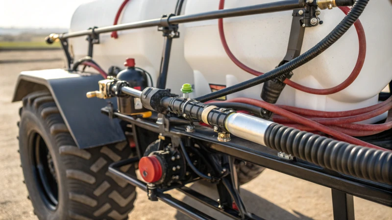 Close-up of a high-quality agricultural sprayer showcasing hoses and nozzles.