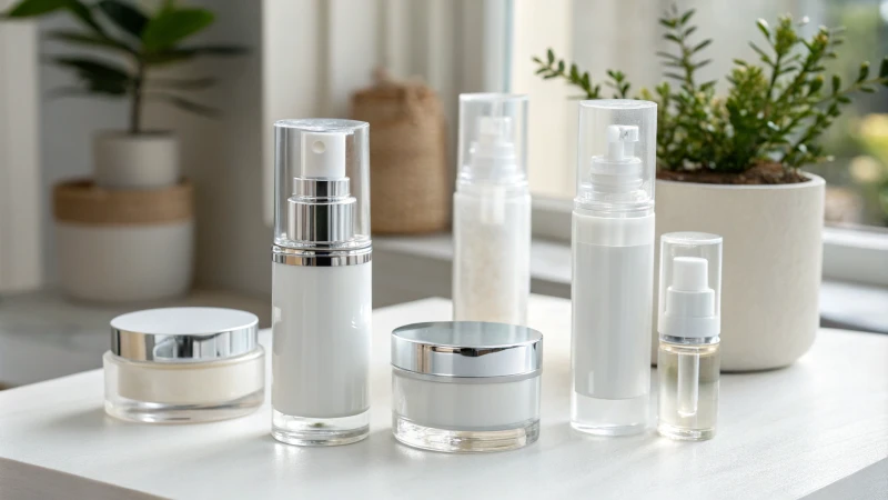 Collection of sleek airless skincare packaging on a white surface