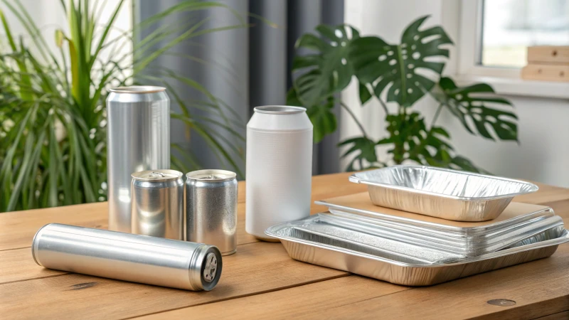 A collection of aluminum items on a wooden table with plants in the background