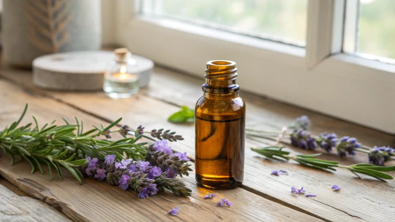 Amber glass bottle with essential oils surrounded by herbs and flowers