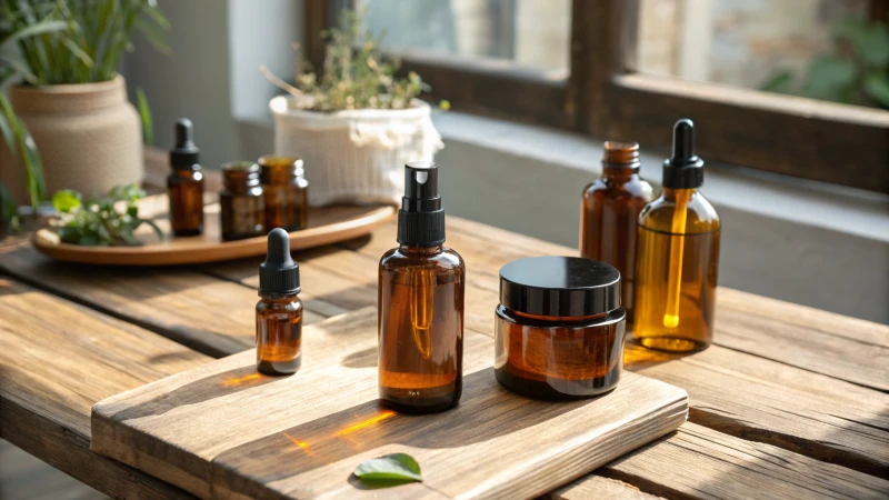 Various amber glass skincare bottles arranged on a wooden surface