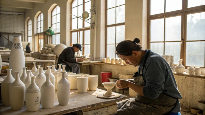 Artisans shaping porcelain bottles in a workshop