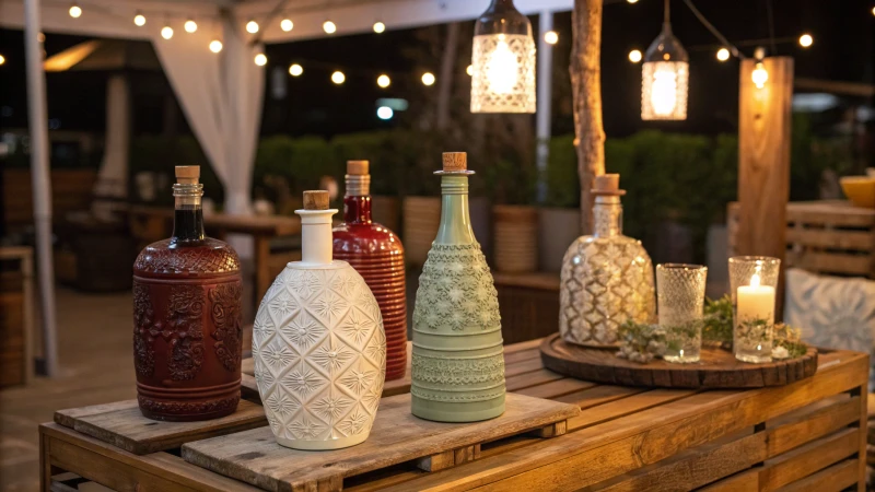 A collection of uniquely designed bottles on a wooden table