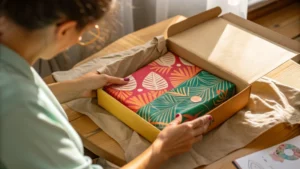 A close-up of a vibrant package being opened