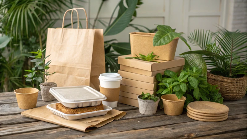 Various biodegradable packaging options on a wooden table surrounded by green plants