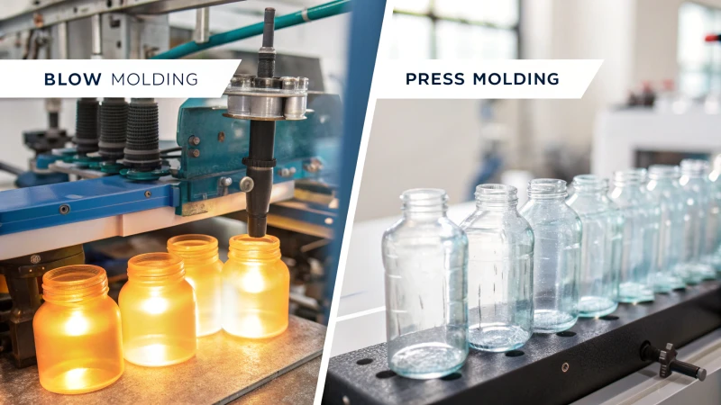 Infographic comparing blow molding and press molding in glass packaging