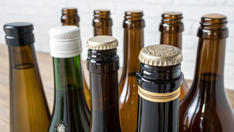 Various bottle neck designs and closures on a neutral background