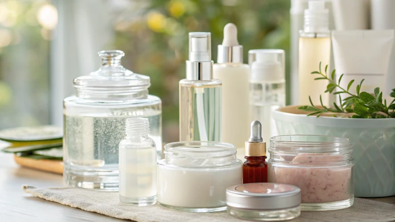 A collection of clear glass jars and bottles with cosmetics and gourmet foods, softly blurred background.