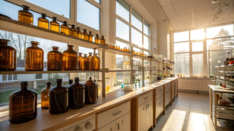 A bright laboratory with amber glass bottles on wooden shelves