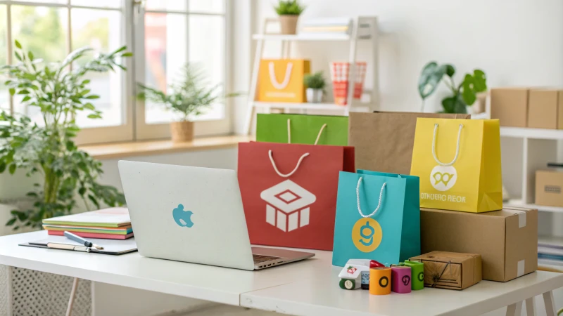 A bright workspace with colorful e-commerce packages