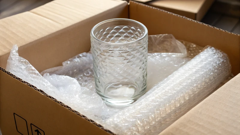 A glass container wrapped in bubble wrap inside a cardboard box