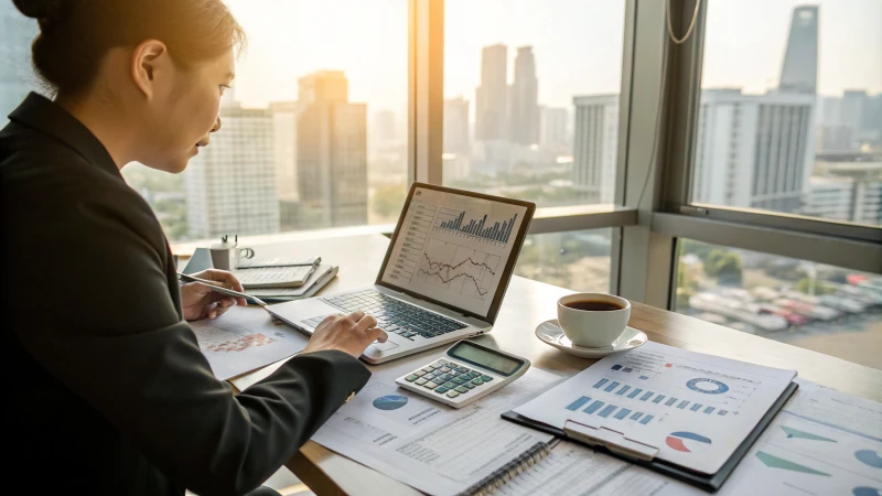 A focused business professional analyzing graphs on a laptop in a modern office