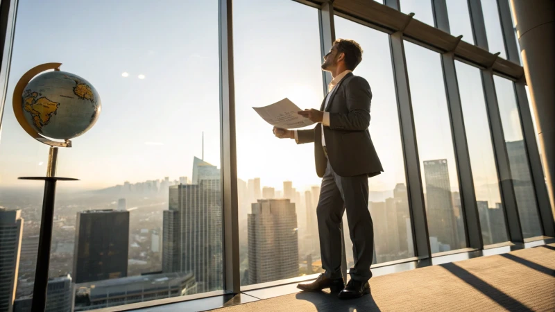 Professional businessman in an elegant office holding a globe and legal documents