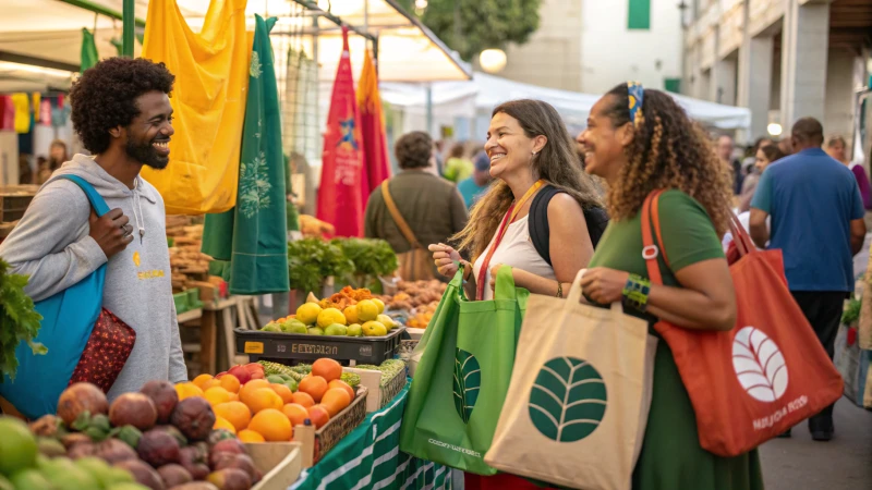 A vibrant marketplace with shoppers and eco-friendly products