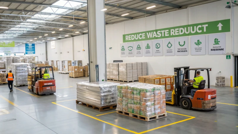 A busy warehouse with organized pallets and workers