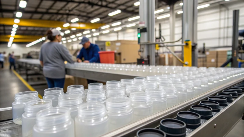 A busy manufacturing floor with blow molded cosmetic jars on a conveyor belt.