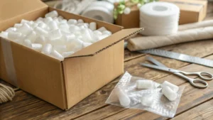 A close-up of a cardboard shipping box filled with bubble wrap and foam peanuts on a wooden table.