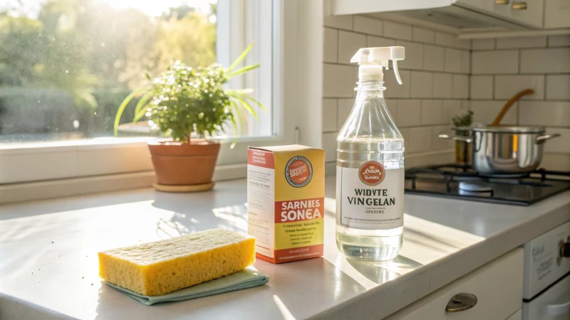 A bright kitchen countertop with white vinegar and baking soda.