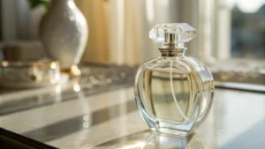 An empty clear glass perfume bottle on a reflective surface with soft lighting.