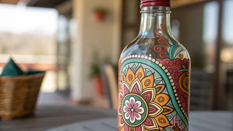 Close-up of a glossy glass bottle with intricate designs