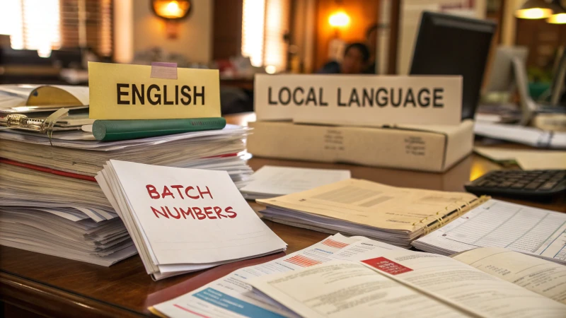 A cluttered desk filled with product labels and documents.