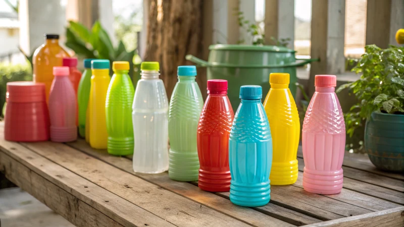 Colorful collection of PET plastic bottles arranged on a wooden surface