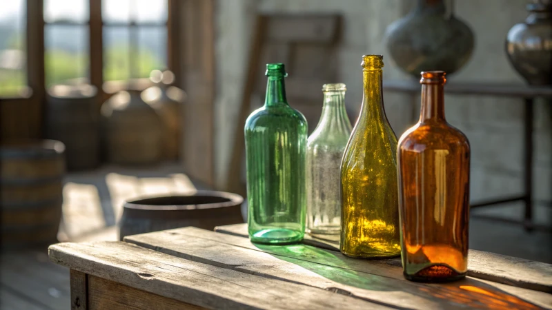 A collection of colored glass bottles on a wooden surface