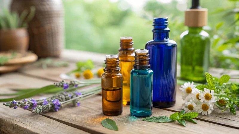 A collection of colored glass bottles on a rustic wooden table