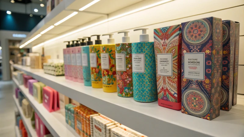 A modern shelf displaying various colorful consumer products.