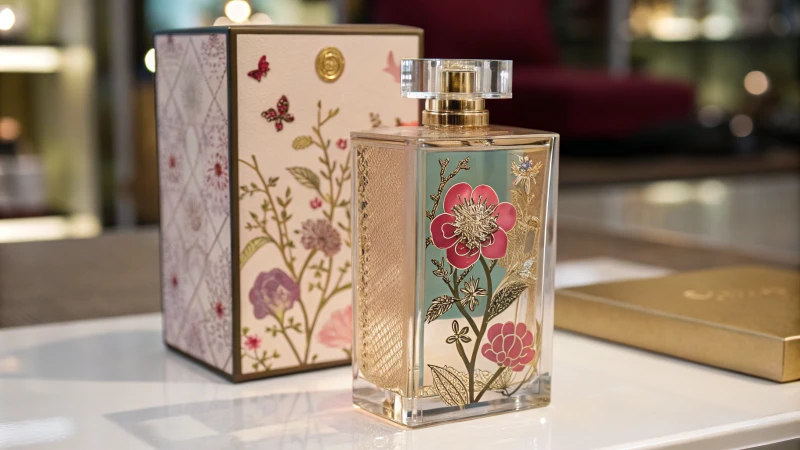 A contemporary perfume packaging box with floral motifs and glass-like textures