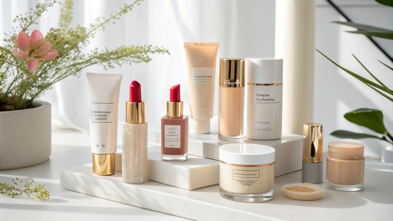 A modern display of various cosmetic products under soft natural light.