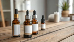 An assortment of glass and aluminum cosmetic dropper bottles on a rustic wooden surface