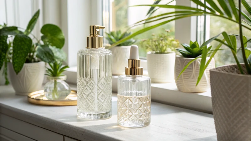 Elegant display of glass cosmetic bottles among green plants