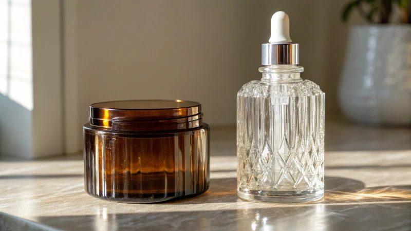 A side-by-side comparison of two cosmetic glass containers, one lightweight and intricately shaped, the other thick-walled and textured.