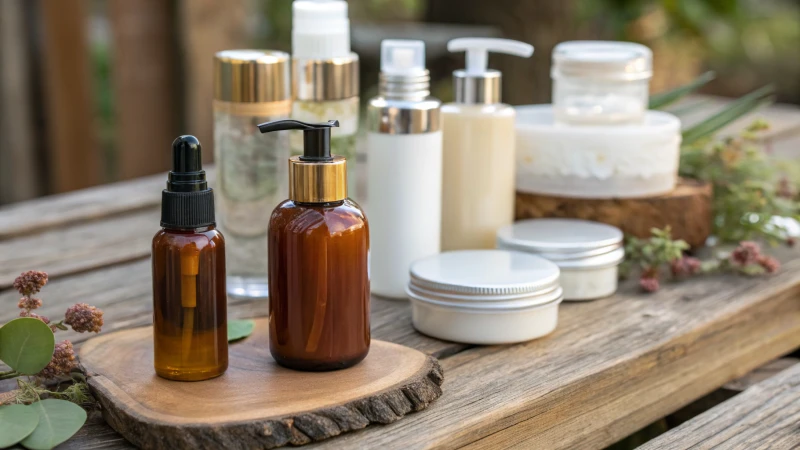 A collection of cosmetic packaging on a wooden surface