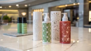 Diverse cosmetic packaging technologies arranged on a marble surface