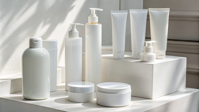 A clean display of various cosmetic packaging containers made from HDPE, PET, and PP.