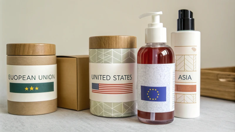 A display of cosmetic packaging labels from EU, US, and Asia on a neutral background