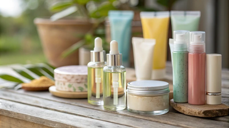 A collection of cosmetic products on a rustic wooden table