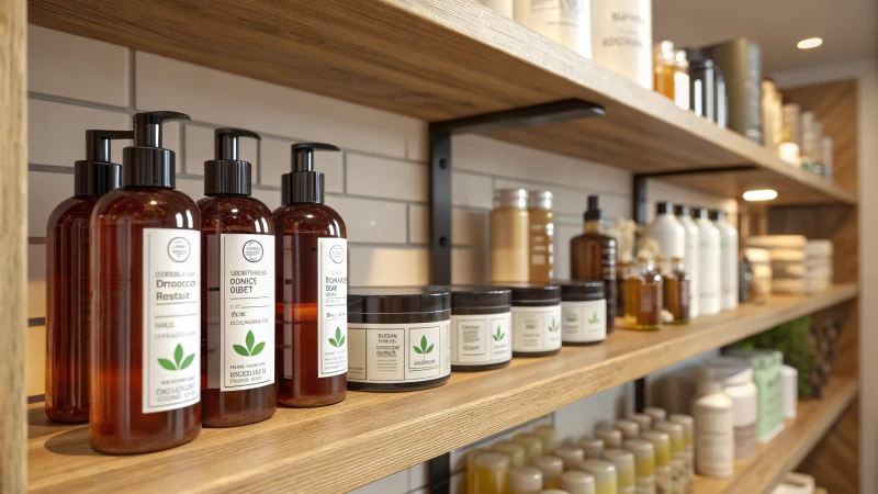 A well-organized display of cosmetic products on a wooden shelf