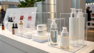 Display of various cosmetic products in clear packaging