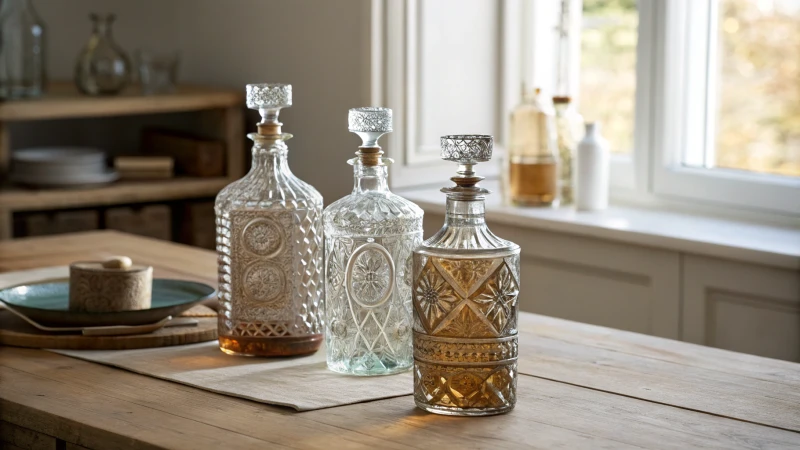 A collection of elegant crystal bottles on a minimalist wooden table