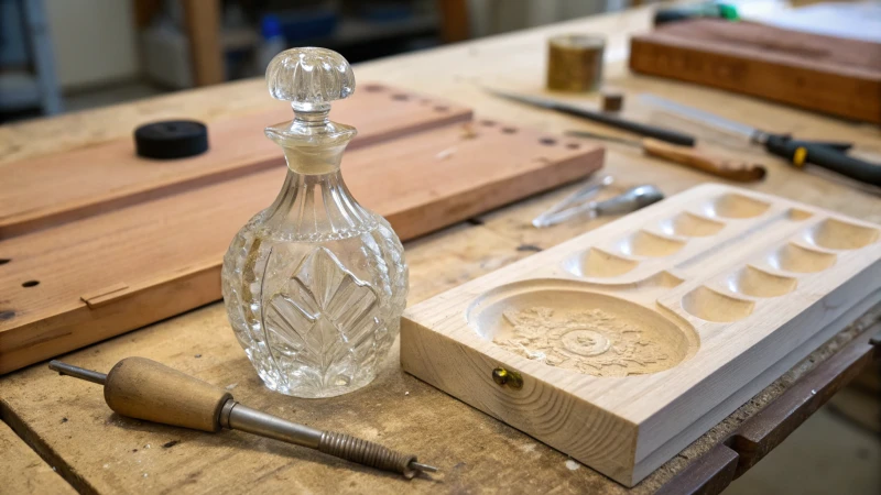 Custom glass mold for a perfume bottle on a wooden workbench