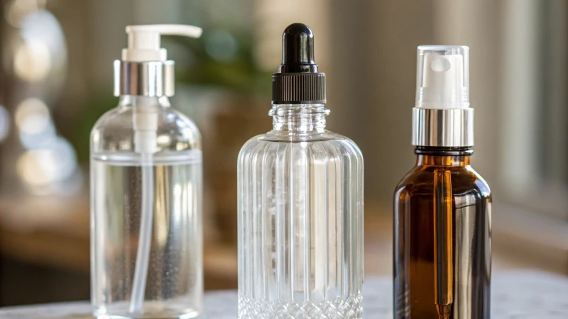 Close-up of three types of custom glass packaging including a pump bottle, spray bottle, and dropper bottle.