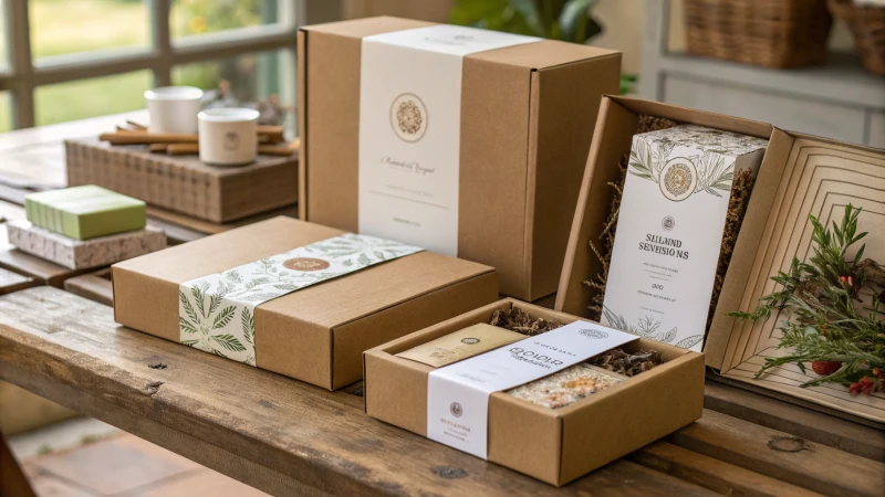 Array of custom eco-friendly packaging solutions on a wooden table