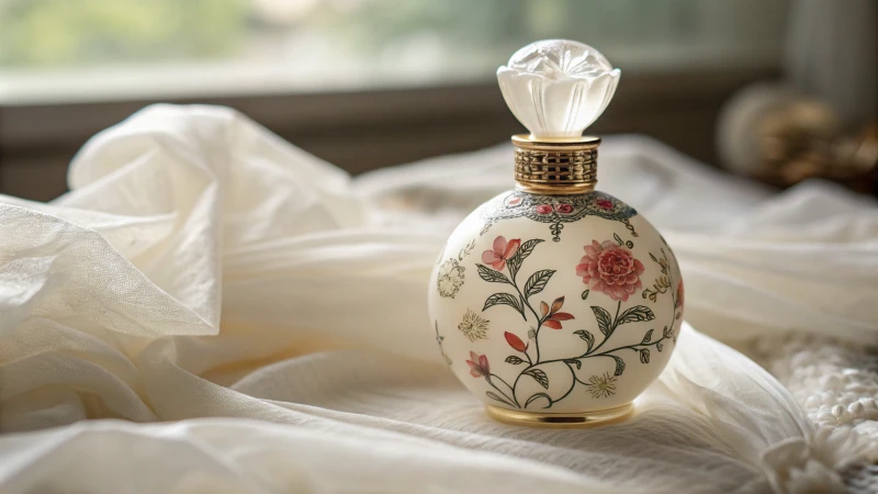 Delicate porcelain perfume bottle on tissue paper